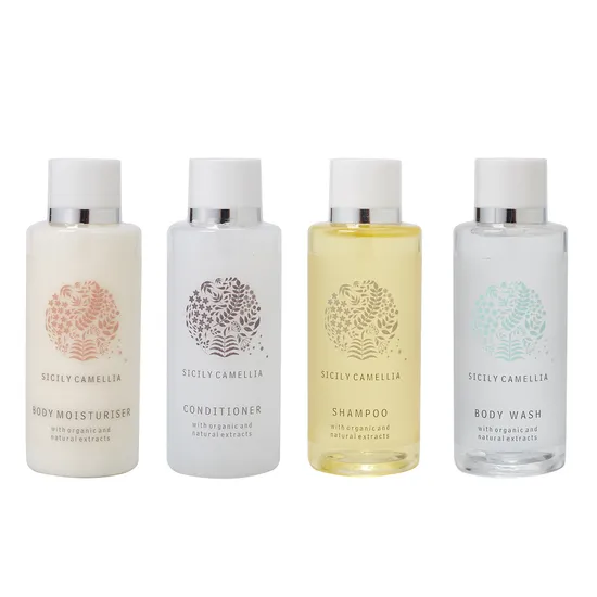 Forniture alberghiere usa e getta economiche personalizzate Set da bagno con gel doccia per hotel a 5 stelle, lozione per il corpo, shampoo e balsamo
